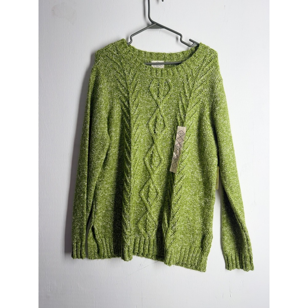 St Johns Bay Womens XL Green Cable Knit Sweater Long Sleeve Crew Neck Pullover